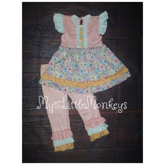 Other - Boutique Floral Tunic Dress Ruffle Leggings Girls Outfit Set
